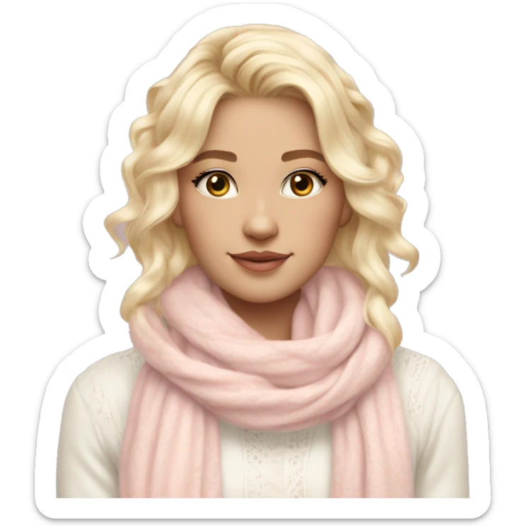 pretty blonde white woman with vanilla girl vibes, wearing a white lace shirt with a soft pastel pink winter scarf and her hair is decorated with soft pastel sweet vibes ribbon sticker