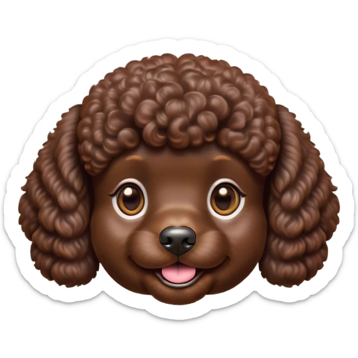 Cinematic Cute Chocolate Poodle Portrait Emoji, Head tilted playfully and inquisitively, showcasing a bouncy, curly chocolate Fur with a healthy sheen, round, sparkling brown eyes filled with curiosity, Simplified yet irresistibly adorable features, highly detailed, glowing with a warm, friendly glow, high shine, affectionate and lively, stylized with a touch of whimsy, bright and endearing, soft glowing outline, capturing the essence of a mischievous yet loving companion, so playful it feels like it could bounce out of the screen and into your arms! sticker