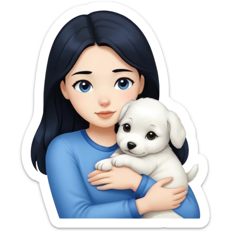 One black hair girl in velvet blue shirt hugging pure white puppy sticker
