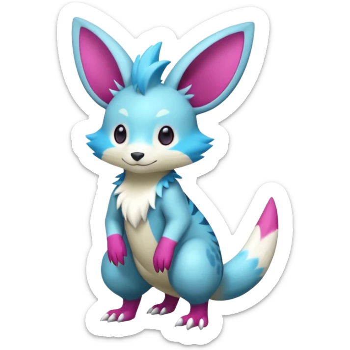 Shiny smooth silky soft Cyan-Magenta Minccino-Zeraora-Emolga-Vernid-Sergal-fusion-hybrid-animal-creature, full body sticker