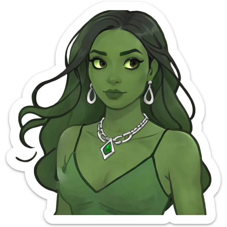 A woman with dark light skin tone and black long hair and green siren eyes sticker