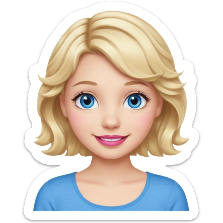 Girl Blonde short wavy hair,  blue eyes, cute blue top, long lashes, pink lips, 👄 big smile  sticker