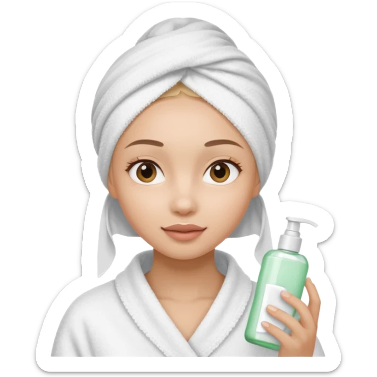 A gril that her head covered with towel and skincare plis hide the hair and this girl shuold be using a skincare product sticker
