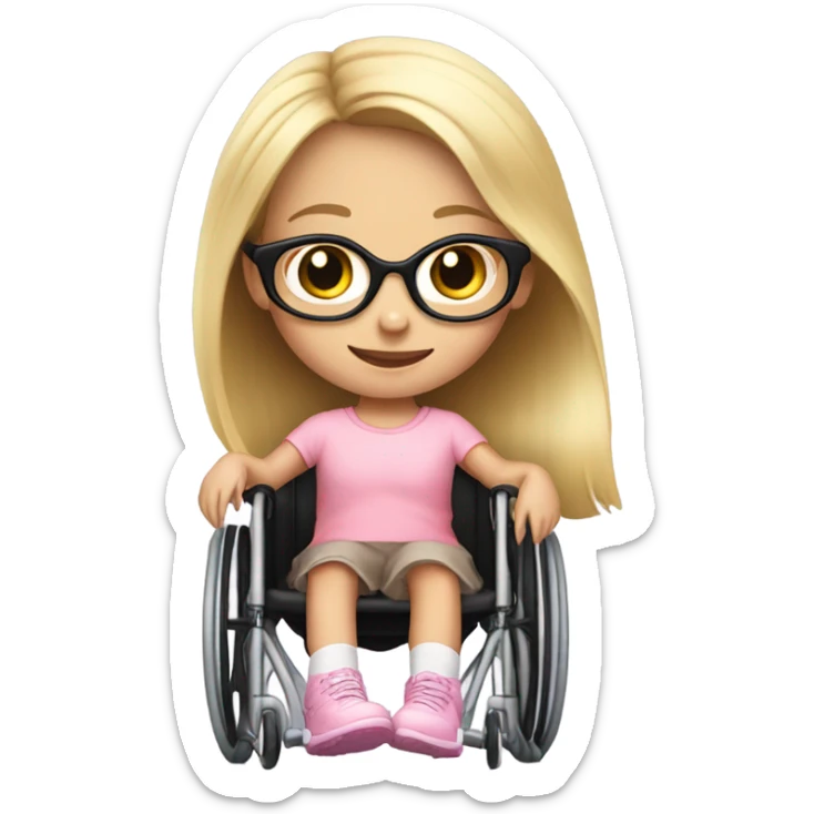 8 year old girl with light pink glasses and long blonde hair in black wheelchair  sticker
