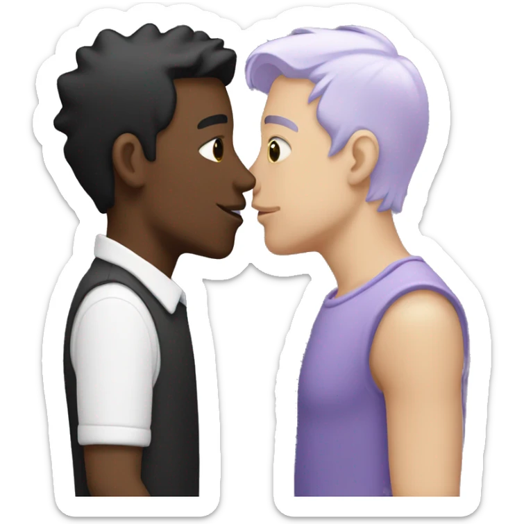 Two men kissing, one of the white with lavender hair and the other person is black with black hair  sticker