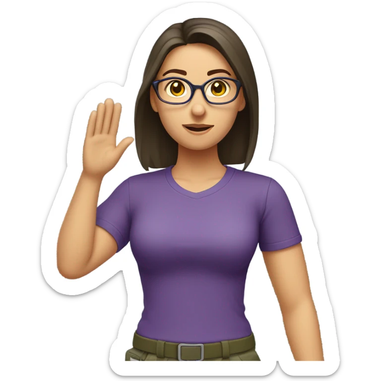 a caucasian brunette female, wearing a purple t-shirt and glasses, making the military salute gesture with one hand next to her head and the other one on her waist sticker