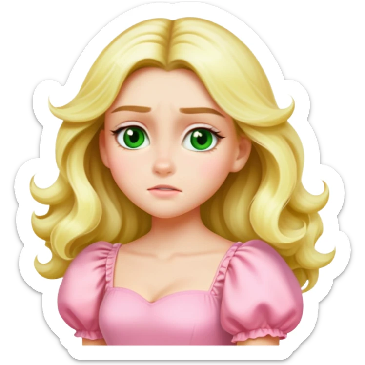 Create an emoji-style illustration of a blonde girl with long wavy hair, green eyes, and a pink pastel puff-sleeve dress, matching the Apple emoji style of the reference image. Keep her facial features, hairstyle, and outfit identical. Generate a joyful expression. sticker