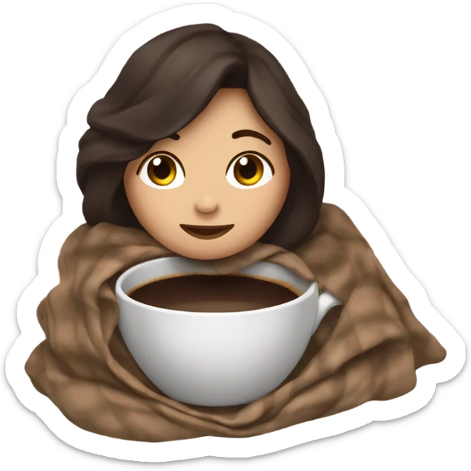 Dark brown hair girl inside a blanket sipping cup of coffee eyes closed sticker