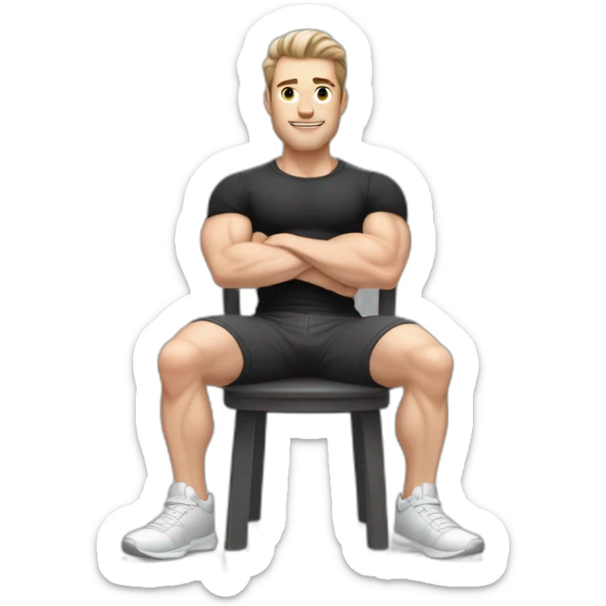 Pale skinned Fit Man With the biceps and dark brown hair in black shirt, gray sports shorts and white Sneakers Sitting on a chair sticker