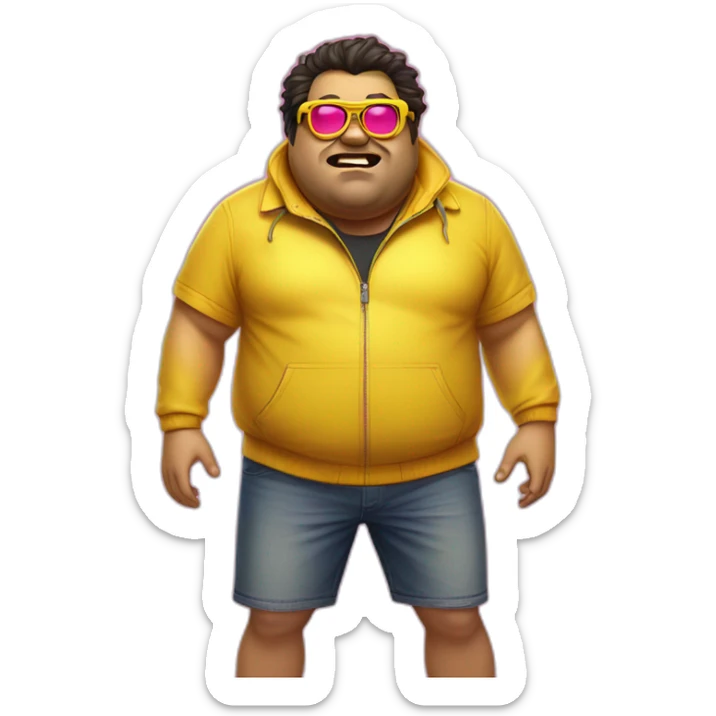 fat man with dark hair,a vibrant long yellow jacket, pink glasses, short jeans shorts. Show full lenght peson, person fighting a monster sticker