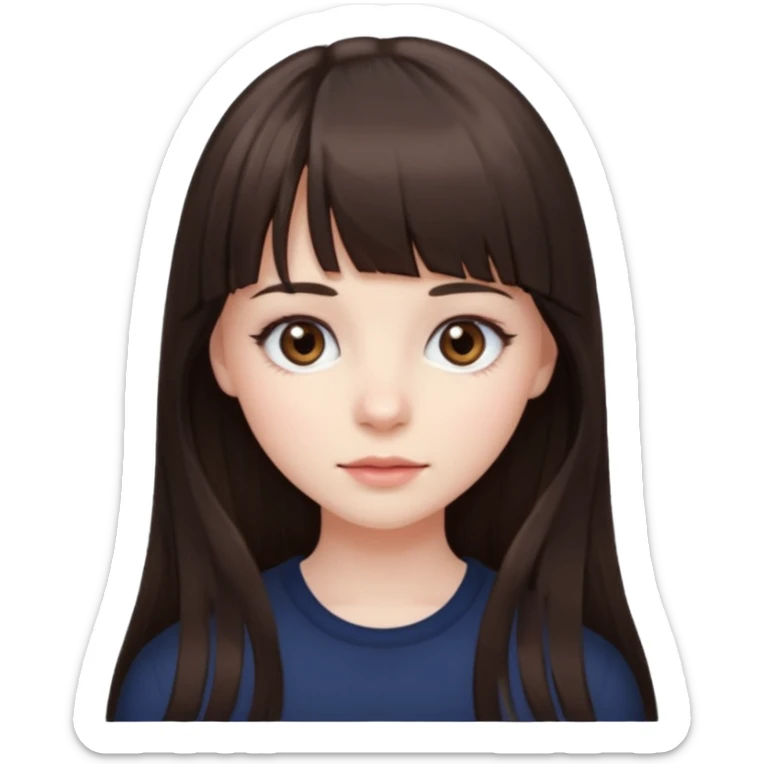 brunette girl with dark brown eyes, pale rosy skin, long hair and wispy bangs sticker