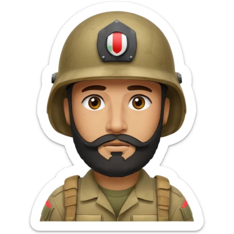 very tired, swarthy, Iraqi soldier in a helmet, helmet without insignia, with a beard sticker