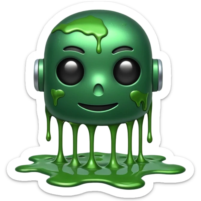 An emoji of a green robot melting away covered in thick green sludge sticker