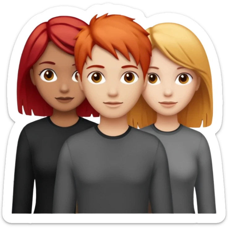 Can you create an image of 3 friends together one with red bright hair light skin one the other with brown hair with some blonde highlights in the hair fair skin the last one with light brown a tint of orange hair and black hair sticker