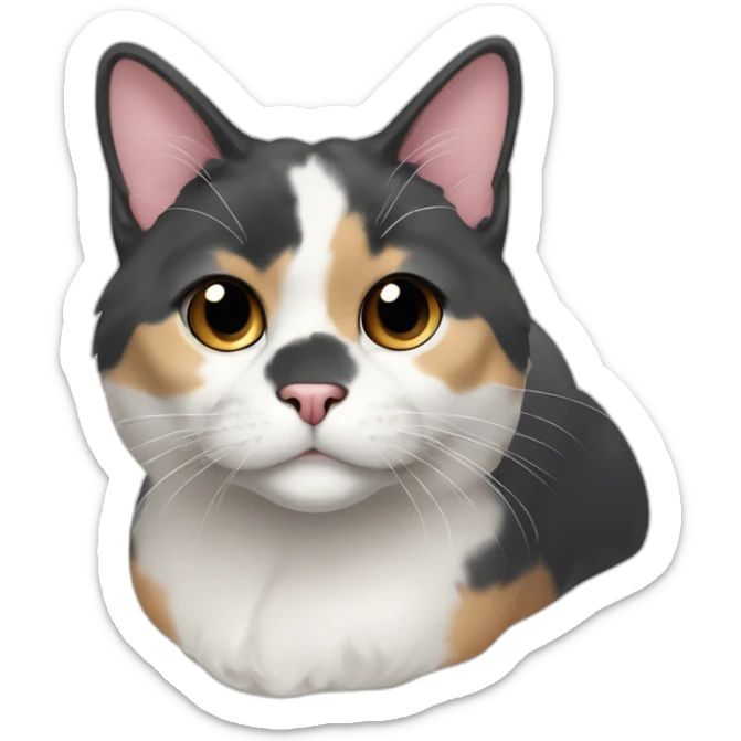older diluted calico, white chin, black and pink nose, mostly dark grey with whiteish beige forehead, dark grey ears sticker