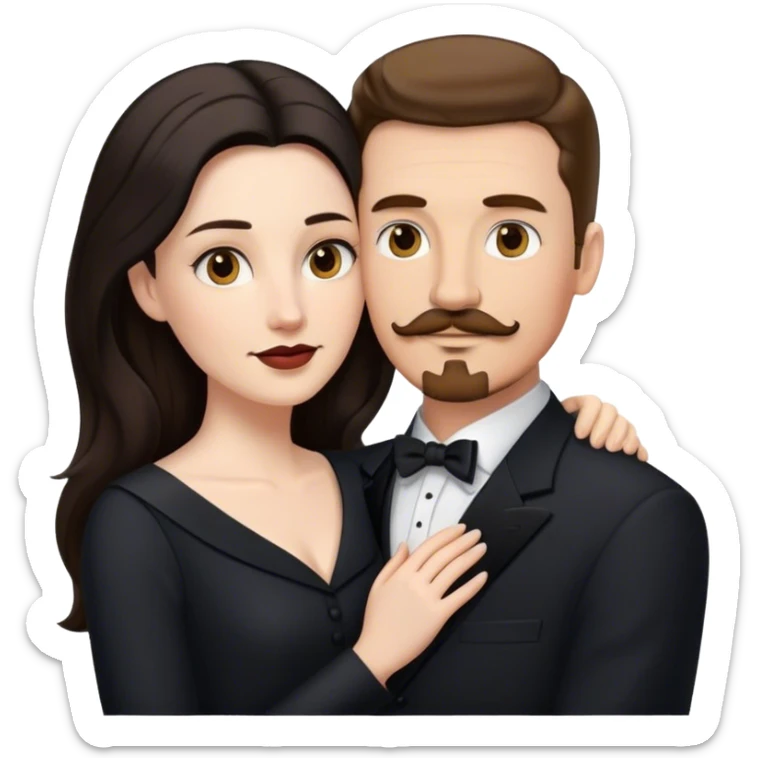 couple portrait, tall white man with brown hair goatee mustache embracing a pale woman with long black hair, wearing formal clothing sticker