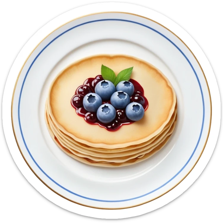 scandinavian round crepes with jam on white porcelain plate with blue floral vintage design sticker