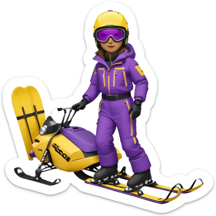 Brown hair, ski-doo jacket and pants ski doo boots helmet and goggles, dark purple sled sticker