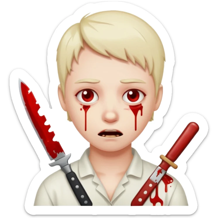 A person with a knife that looks tired and there’s blood on their neck and no blood in there eyes sticker