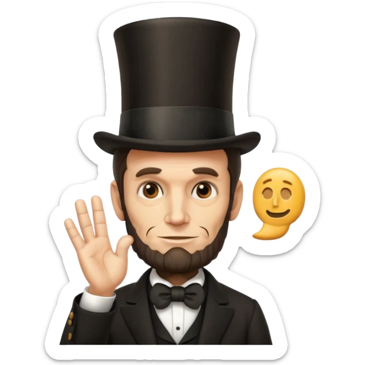 mashup of Abraham Lincoln and thinking emoji with Lincoln's face, top hat, beard, and classic thinking gesture with playful twist sticker