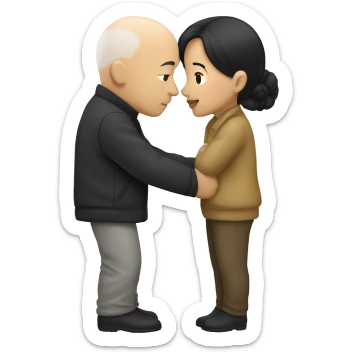 Asian girl dark hair kissing white bald man sticker