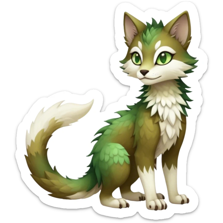 Kawaii dark cute brown beige white fantasy ethereal feline-vernid-sergal-fursona animal creature with a tufted tail full body with intricate markings, hazel-gold-green eyes sticker