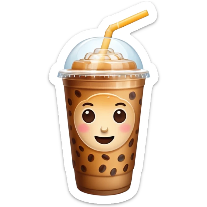 A 3D cartoon plastic cup of iced coffee with straw, clear lid, ice cubes floating, realistic condensation, bright sunlight, Memoji-style. sticker