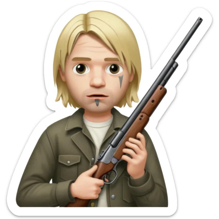 Kurt Cobain holds a double-barreled shotgun with the barrel in his mouth sticker