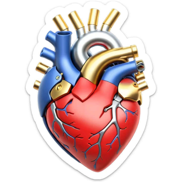 3D render of Mechanical Heart, futuristic cyborg aesthetic, fusion of organic skin and chrome metal, gold brass valves mixed with red muscle tissue, exposed wiring, emoji style, isolated on white background --v 6.0. sticker