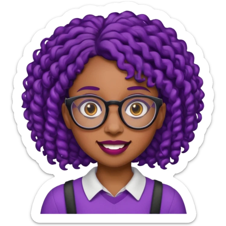 nerd emoji like with glasses showing only her 2 buck teeth but it’s a black girl with purple black curly hair no shoulders sticker