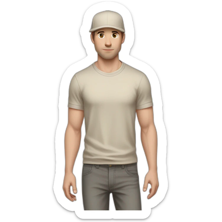 Pale skinned fit Man with dark brown hair in a beige cap, gray jeans, brown polo and white T-shirt keeping a pasted with tape white box into his hands sticker