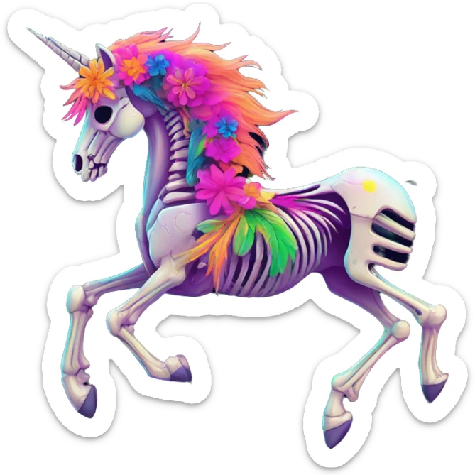 Neon Zombie Pegasus unicorn skeleton psychedelic flowers floral groovy art neon rave raving sticker