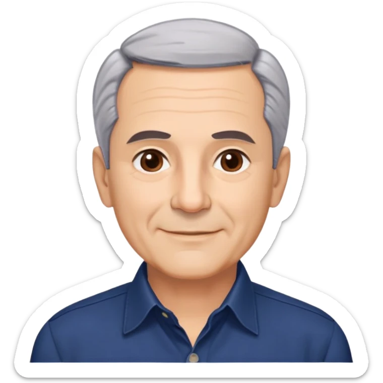 Respected Puerto Rican actor in his 60s, fair skin, round face with broad cheekbones, lively brown eyes, thick eyebrows, straight nose, short gray hair combed to the side with receding hairline, clean-shaven, friendly smile, wearing navy blue button-up shirt sticker