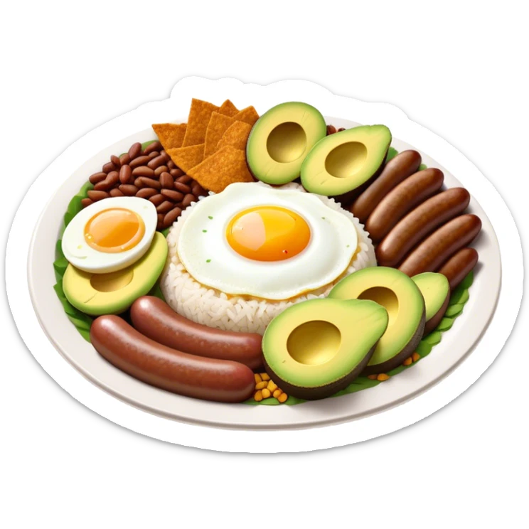Bandeja Paisa Cinematic Realistic Bandeja Paisa Dish Emoji, depicted as a hearty platter featuring rice, beans, avocado slices, one sausage, a perfectly cooked egg, and crispy pork crackle, rendered with vivid textures and robust, inviting lighting. sticker