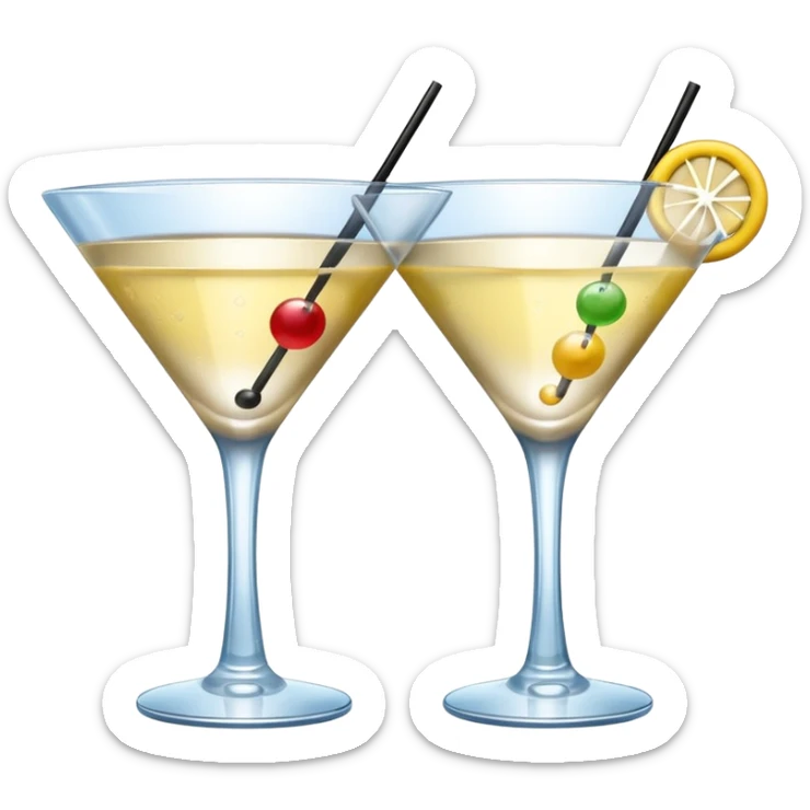 two realistic glasses of cocktail in emoji style, martini glass shape, no straw, no fruit, no ice sticker