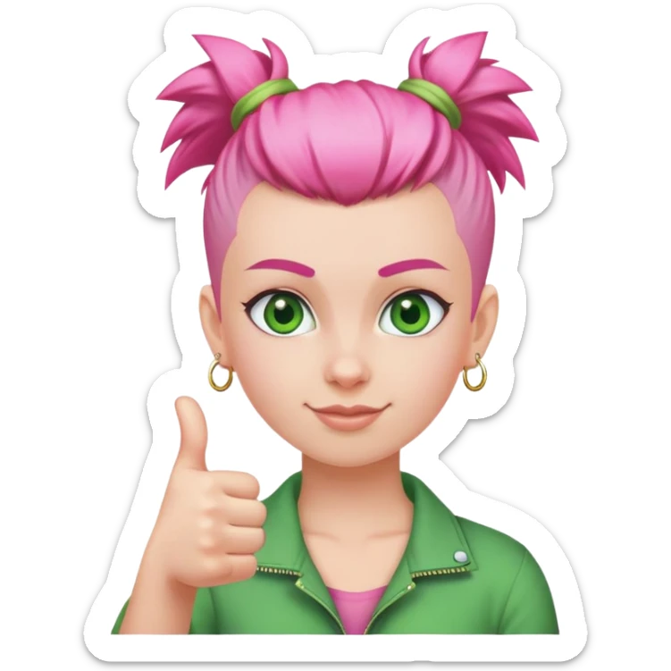 girl with pink topknot mohawk haircut, green eyes, thumbs up sticker