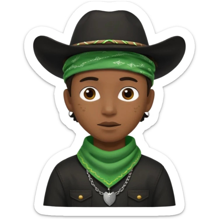 Black boy in black top wearing a black cowboy hat with green bandana around his neck sticker