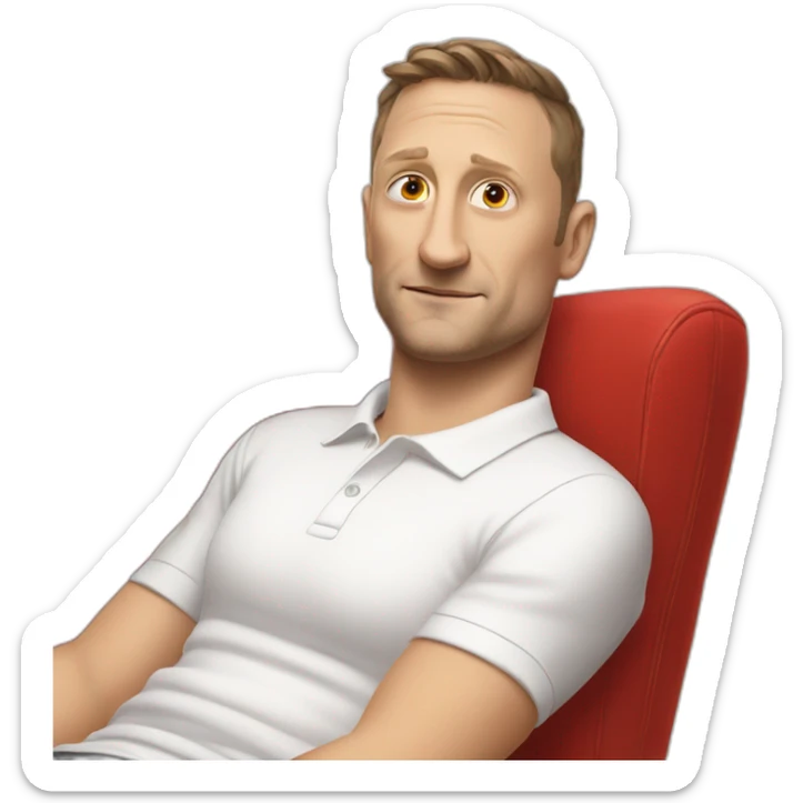 tim robinson laying down on a red couch in a white polo shirt, chest up clean shaven sticker