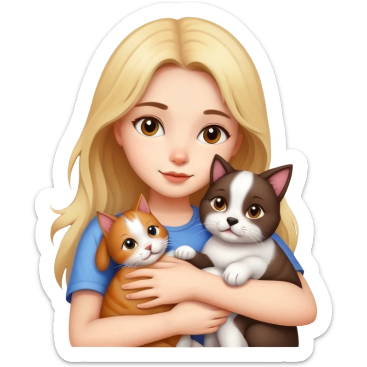 Beautiful girl hugs a cat and a dog tightly sticker