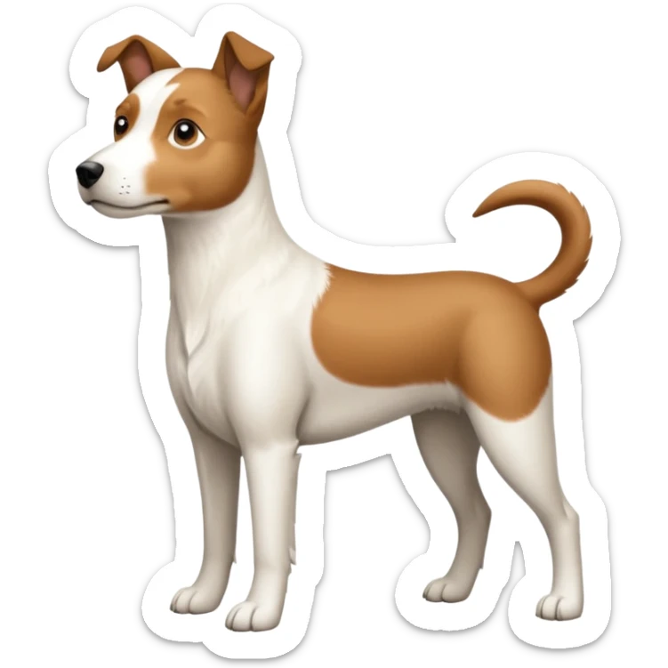a full body large white parson russell looking dog the size of a kelpie with light brown ears and a light brown patch on one eye and a large snout sticker