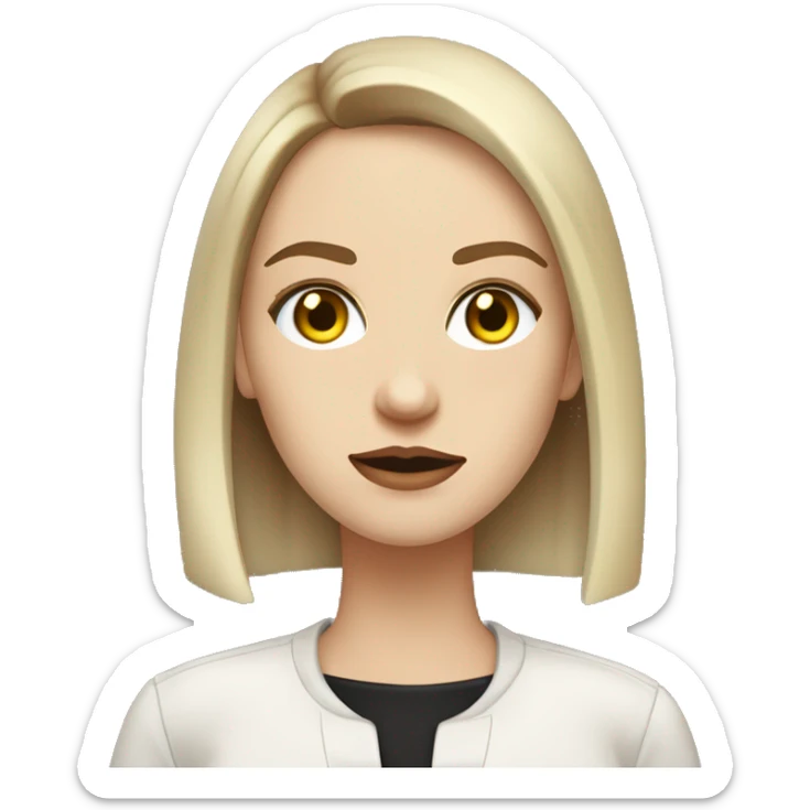 Slavic woman with blue eyes, fair skin, straight gradient brown hair with yellow streaks, medium bob cut, goth eyes makeup, beige lips, dressed in white T-shirt and office black jacket. sticker