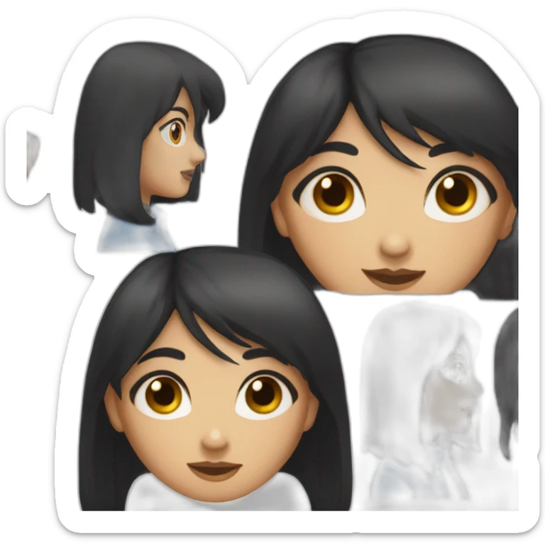 girl with long black hair, thick bangs, blue eyes, red vest and shirt sticker