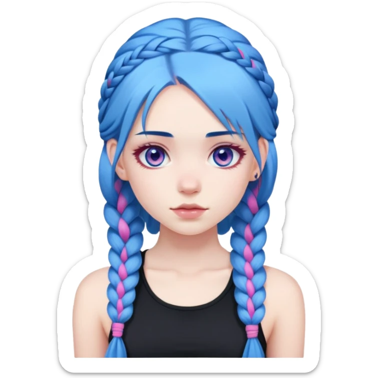 Girl with pale skin, blue hair, in long plaits, with pink eyes and a black crop top  sticker