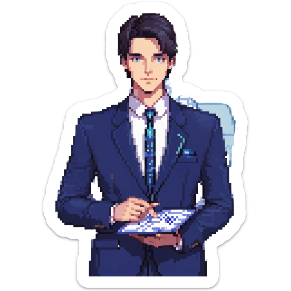 Flat pixel art, focused and confident male strategist, fair skin, short sleek dark hair, intense sharp eyes, wearing a deep indigo suit jacket over a crisp white shirt, holding a futuristic holographic blueprint in one hand, other hand thoughtfully touching chin, waist-up, front-facing sticker