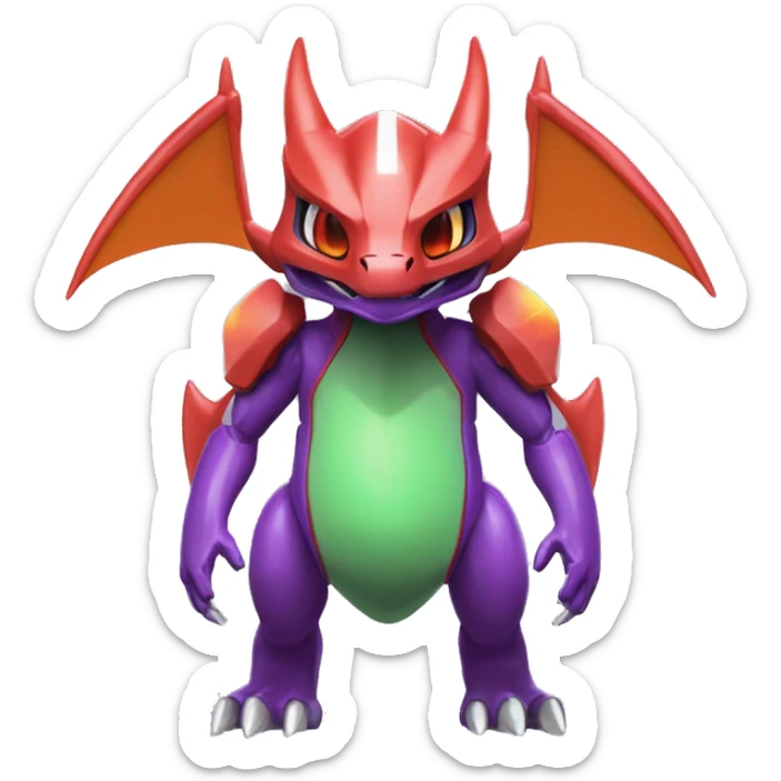 a shiny purple-green-red Genesect-Charizard-Raptor-Fakémon—hybrid with a futuristic visor-helmet full body sticker