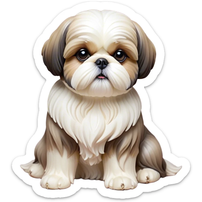 Cinematic Noble Shih Tzu Portrait Emoji, Poised and elegant, with a luxurious, flowing fur in refined muted tones, delicate features and wise, gentle eyes, simplified yet meticulously detailed, glowing with a soft, regal radiance, high shine, exuding quiet dignity and timeless charm, soft glowing outline, capturing the essence of a noble Shih Tzu that epitomizes refined poise! sticker