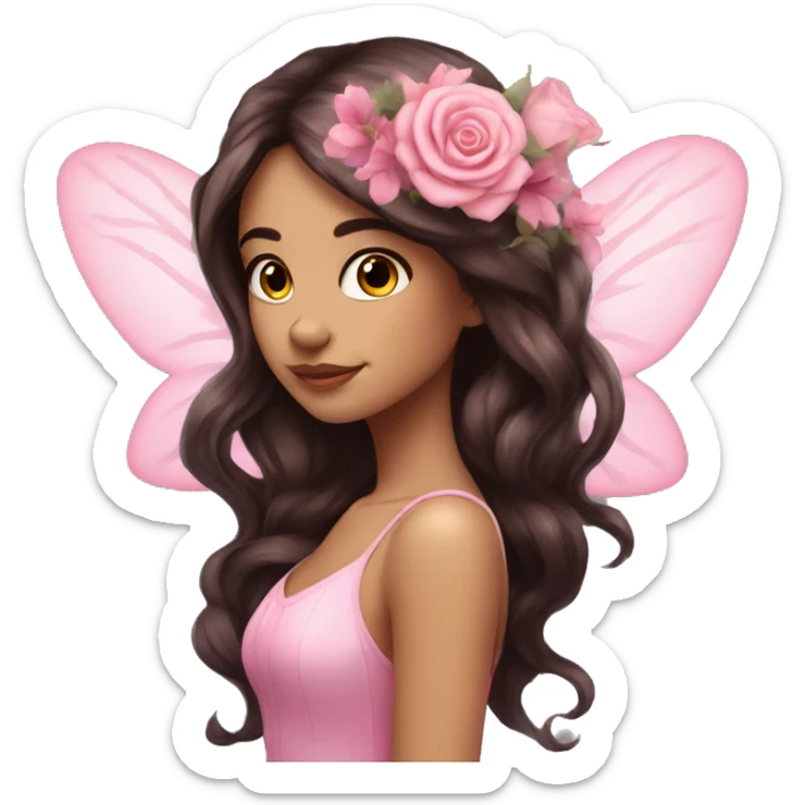 Beautiful, rose, fairy, pink, flowers in hair, long dark brown hair, big wings, fair skin sticker
