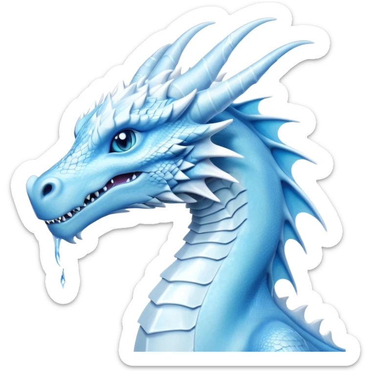 Cinematic Noble elegant Ice Dragon Portrait Emoji, Poised and imposing, distinct long elegant snout, with a slender, scaled body shimmering in glacial hues of icy blue, frostbitten silver, and crystalline white, breathing out frost, with piercing, glowing ice blue white eyes that radiate the chilling depths of an arctic storm; rendered in detail. sticker