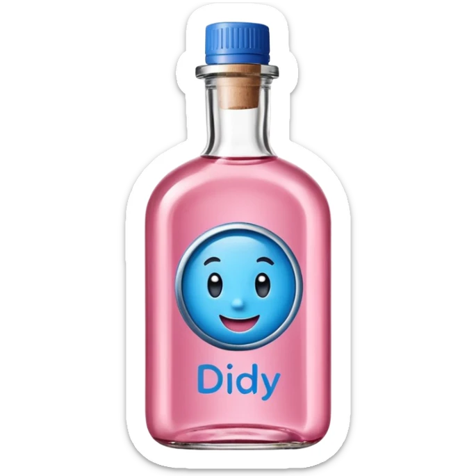 Smiling bottle of oil blue top pink outside with logo that says Diddy oil sticker