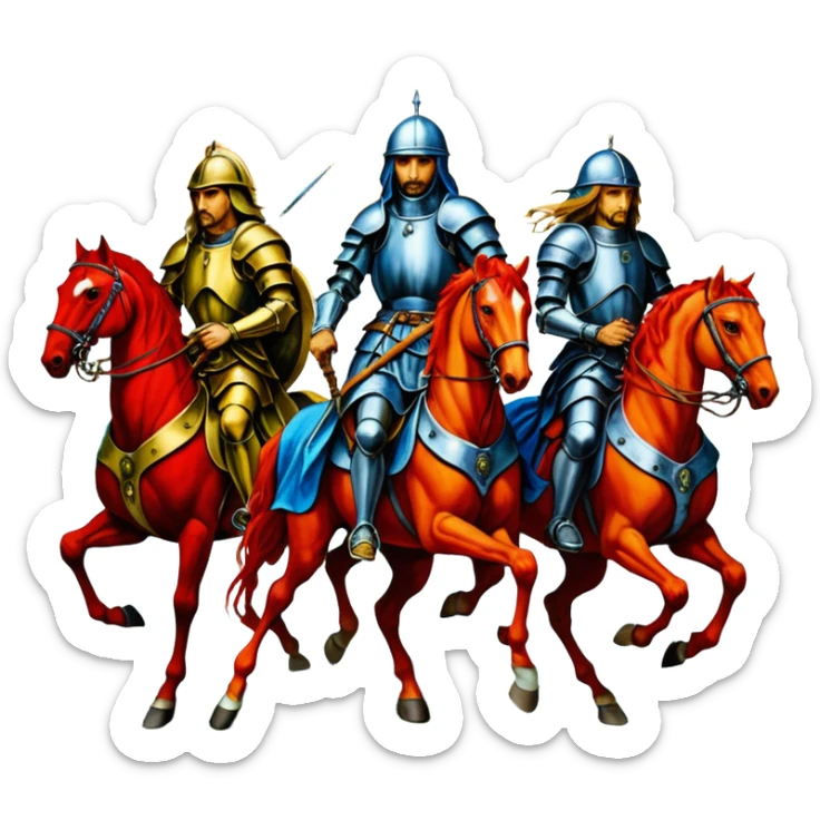 solarpunk ultra HD style, oil - The Four Horsemen of the Apocalypse, based on a graphic by Albrecht Dürer sticker